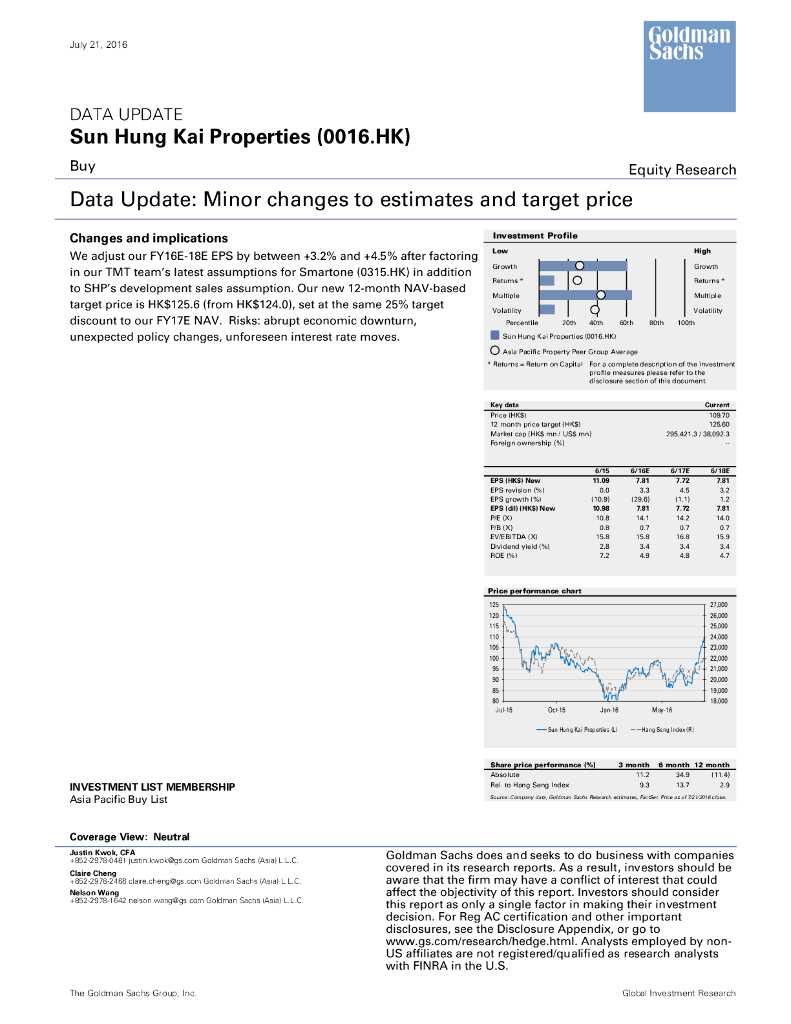 高盛：新鸿基地产（00016）港股公司研究报告-DataUpdate:Minorchangestoestimatesandtargetprice