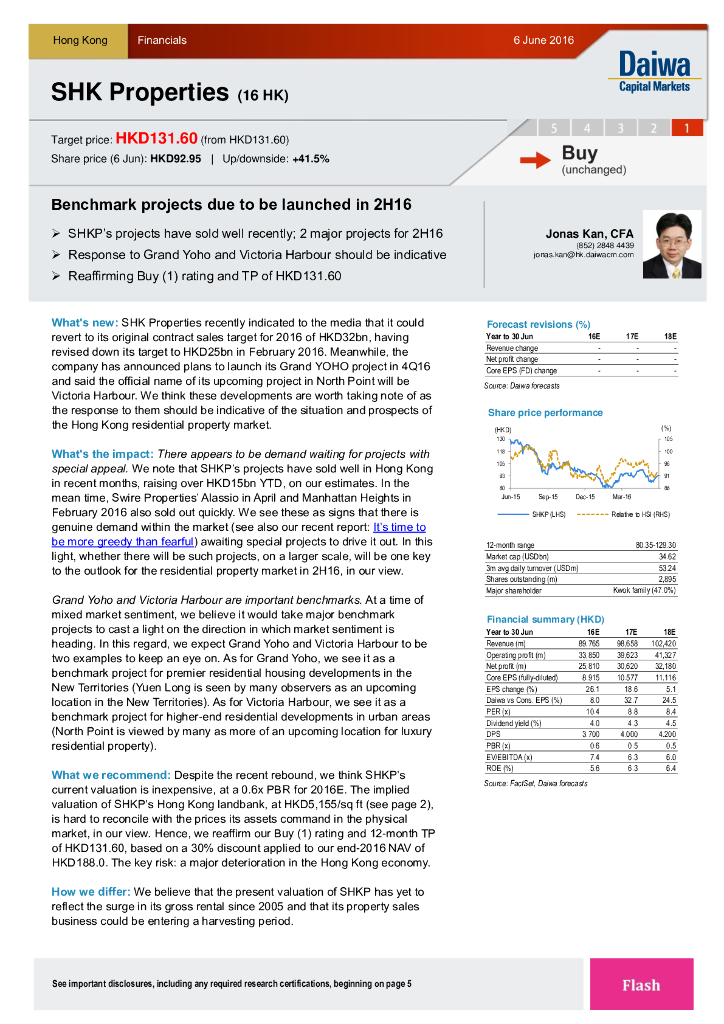 大和证券：新鸿基地产（00016）港股公司研究报告-Benchmarkprojectsduetobelaunchedin2H16