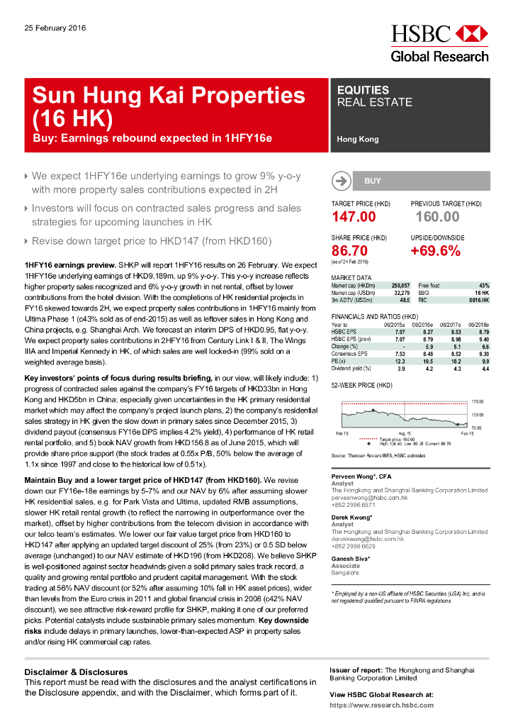 汇丰银行：新鸿基地产（00016）港股公司研究报告-Buy:Earningsreboundexpectedin1HFY16e