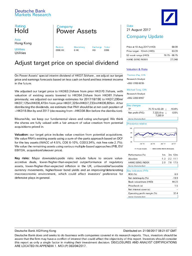 德意志银行：电能实业（00006）港股公司研究报告-Adjusttargetpriceonspecialdividend