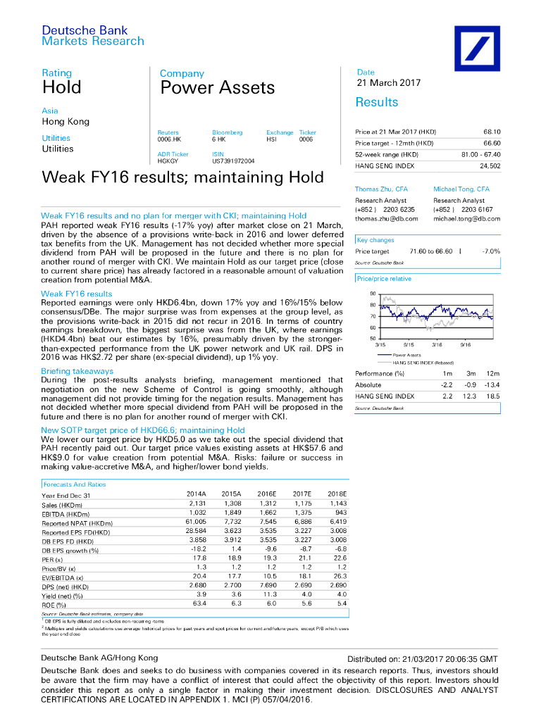 德意志银行：电能实业（00006）港股公司研究报告-WeakFY16results;maintainingHold