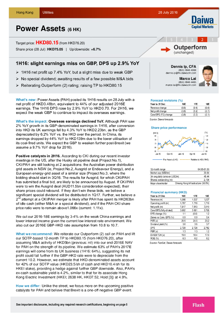 大和证券：电能实业（00006）港股公司研究报告-1H16:slightearningsmissonGBP,DPSup2.9%YoY
