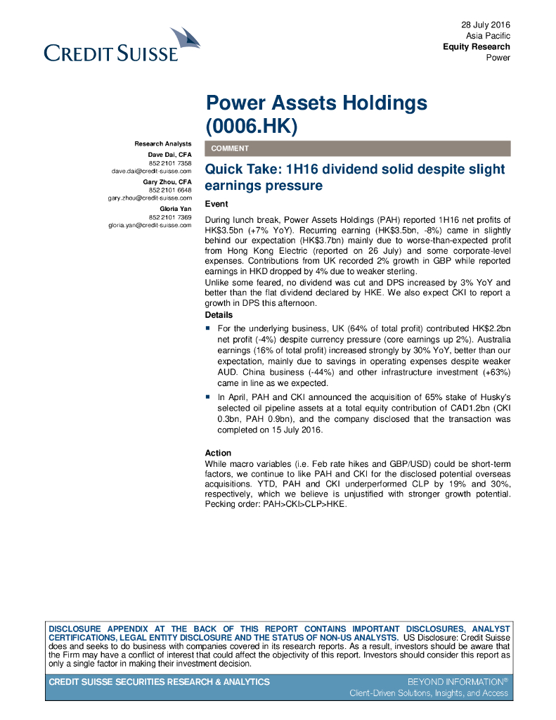 瑞信银行：电能实业（00006）港股公司研究报告-QuickTake:1H16dividendsoliddespiteslightearningspressure