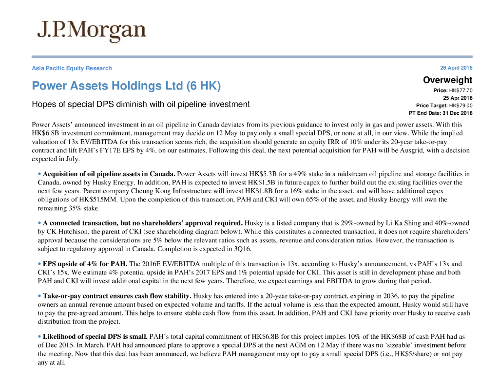 JP摩根资产管理公司亚洲：电能实业（00006）港股公司研究报告-HopesofspecialDPSdiminishwithoilpipelineinvestment