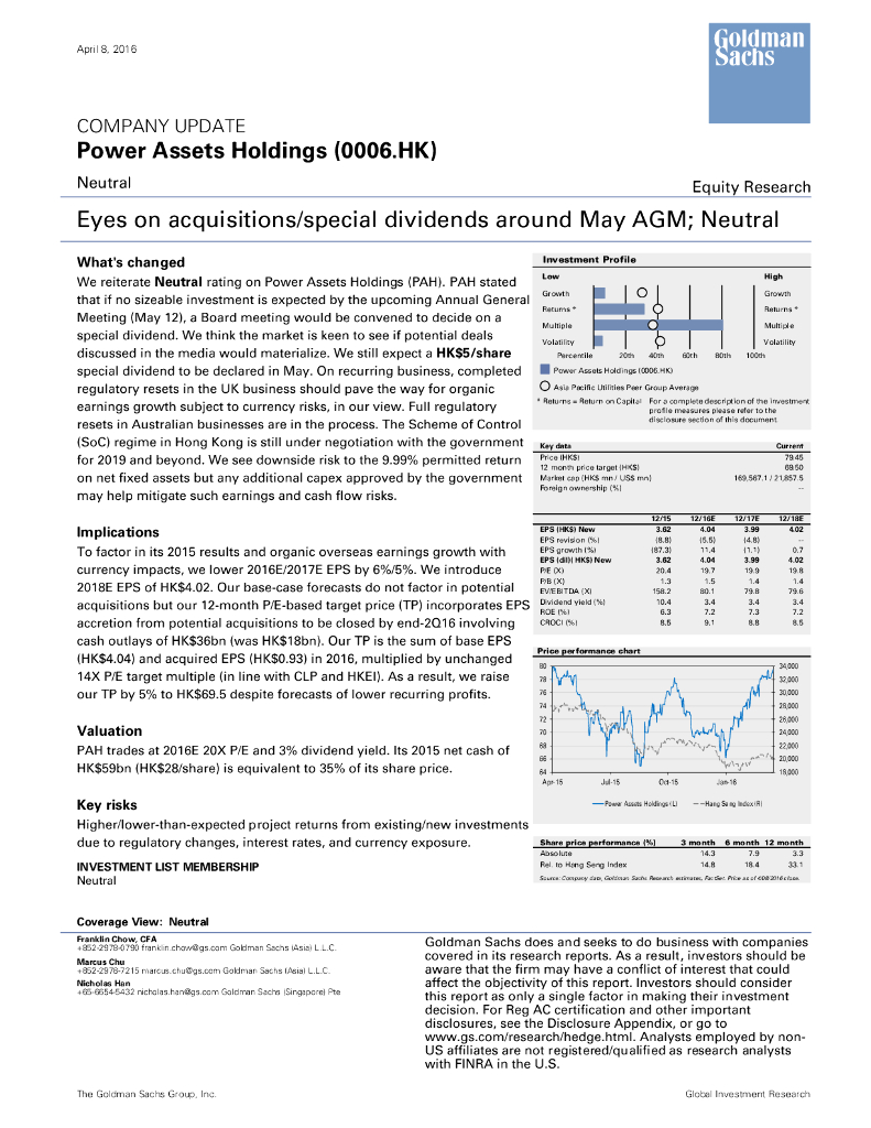 高盛(中国)证券：电能实业（00006）港股公司研究报告-Eyesonacquisitions/specialdividendsaroundMayAGM;Neutral