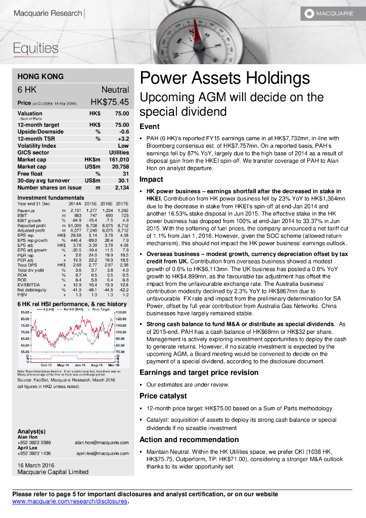 麦格理资本：电能实业（00006）港股公司研究报告-UpcomingAGMwilldecideonthespecialdividend