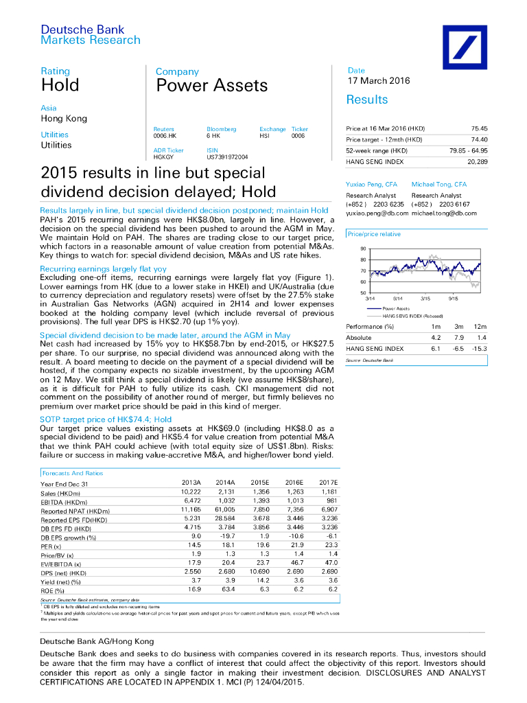 德意志银行：电能实业（00006）港股公司研究报告-2015resultsinlinebutspecialdividenddecisiondelayed;Hold