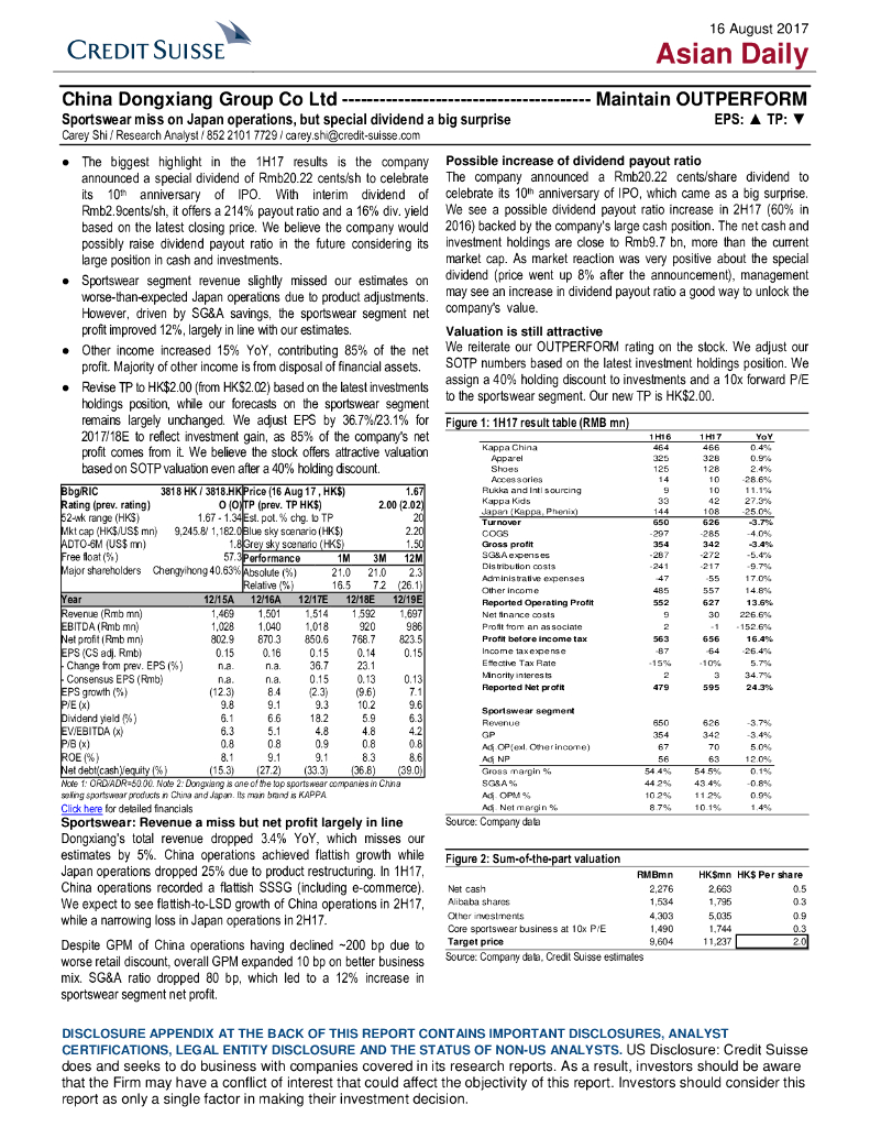 瑞信银行：中国动向（03818）港股公司研究报告-SportswearmissonJapanoperations,butspecialdividendabigsurprise