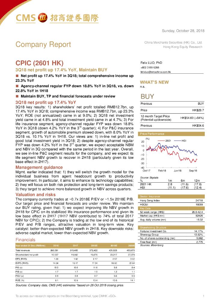 招商证券(香港)：中国太保（02601）港股公司研究报告-3Q18netprofitup17.4%YoY,MaintainBUY