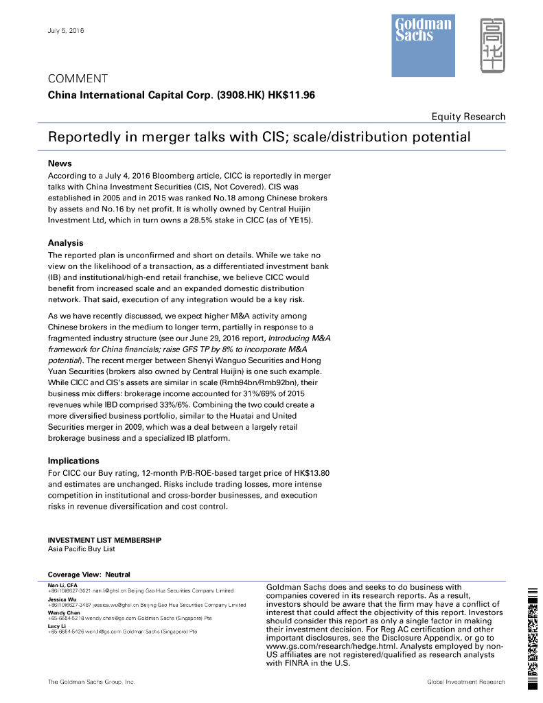 高盛(中国)证券：中金公司（03908）港股公司研究报告-ReportedlyinmergertalkswithCIS;scale/distributionpotential
