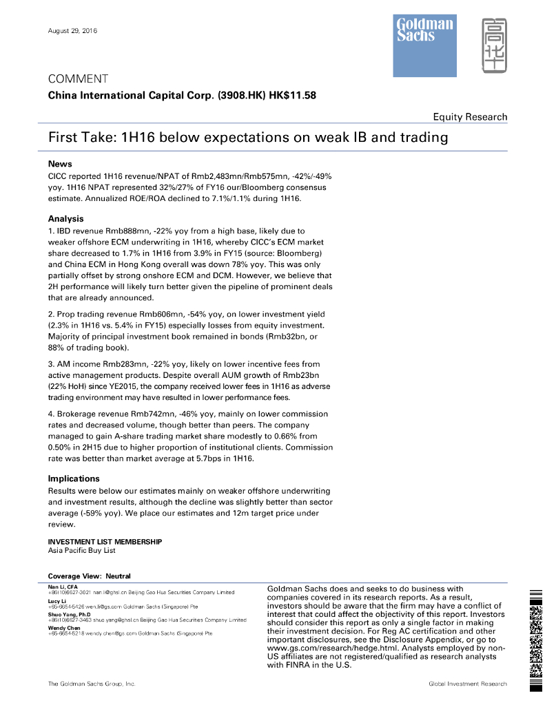 高盛：中金公司（03908）港股公司研究报告-FirstTake:1H16belowexpectationsonweakIBandtrading