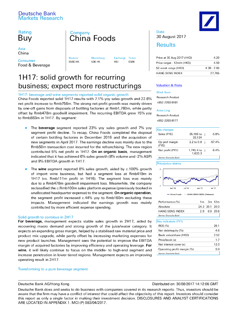 德意志银行：中国食品（00506）港股公司研究报告-1H17:solidgrowthforrecurringbusiness;expectmorerestructurings