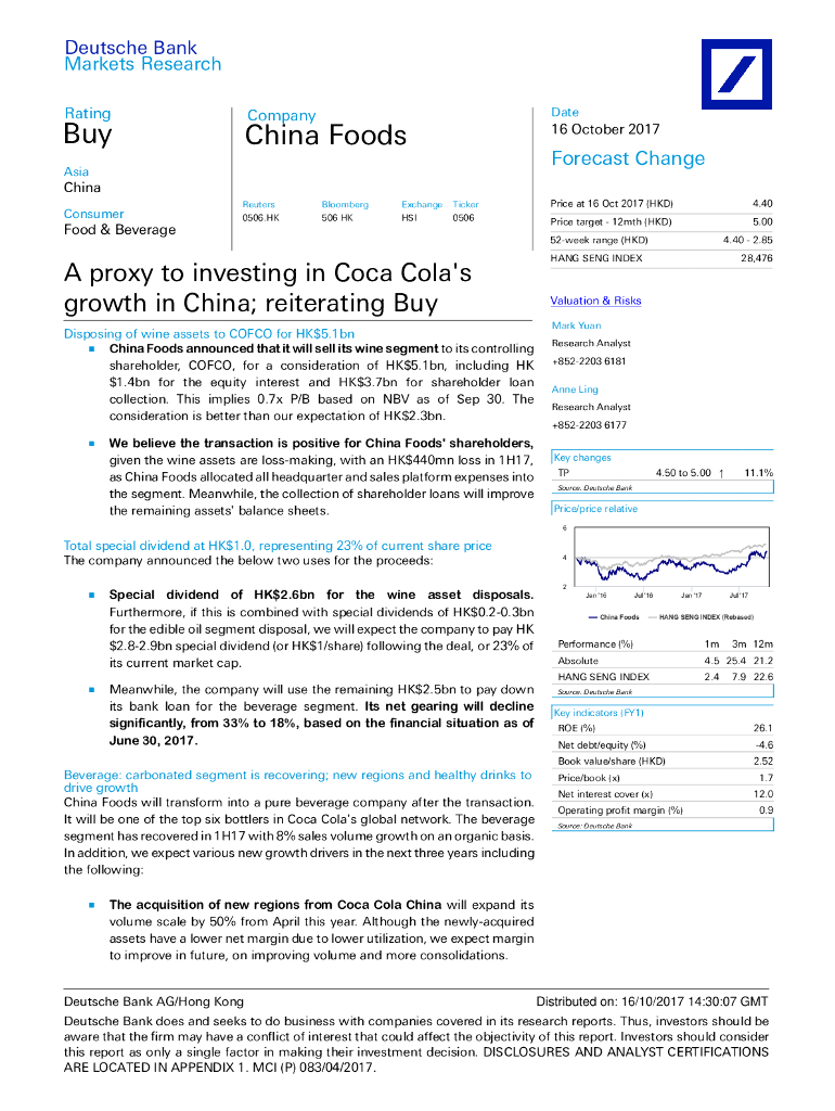德意志银行：中国食品（00506）港股公司研究报告-AproxytoinvestinginCocaCola'sgrowthinChina;reiteratingBuy