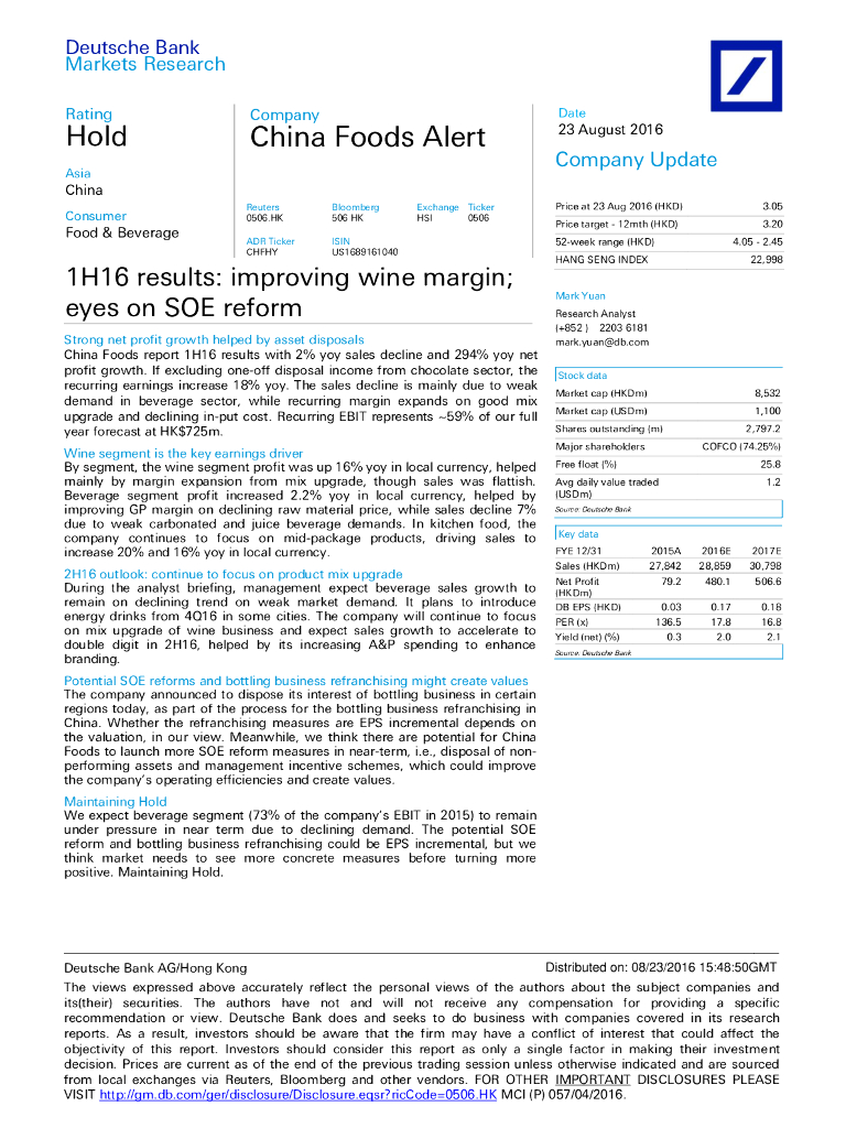 德意志银行：中国食品（00506）港股公司研究报告-1H16results:improvingwinemargin;eyesonSOEreform
