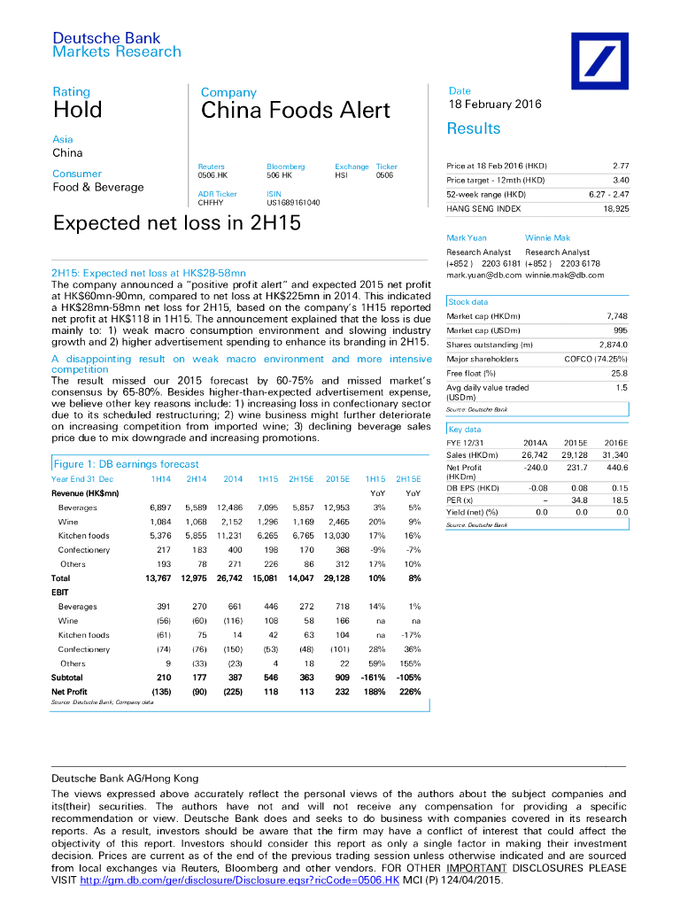 德意志银行：中国食品（00506）港股公司研究报告-Expectednetlossin2H15