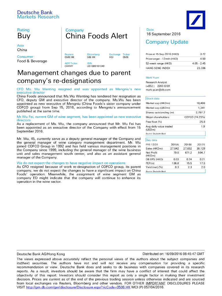 德意志银行：中国食品（00506）港股公司研究报告-Managementchangesduetoparentcompany'sre-designations