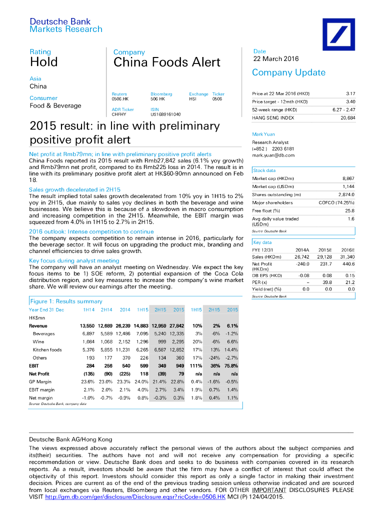 德意志银行：中国食品（00506）港股公司研究报告-2015result:inlinewithpreliminarypositiveprofitalert