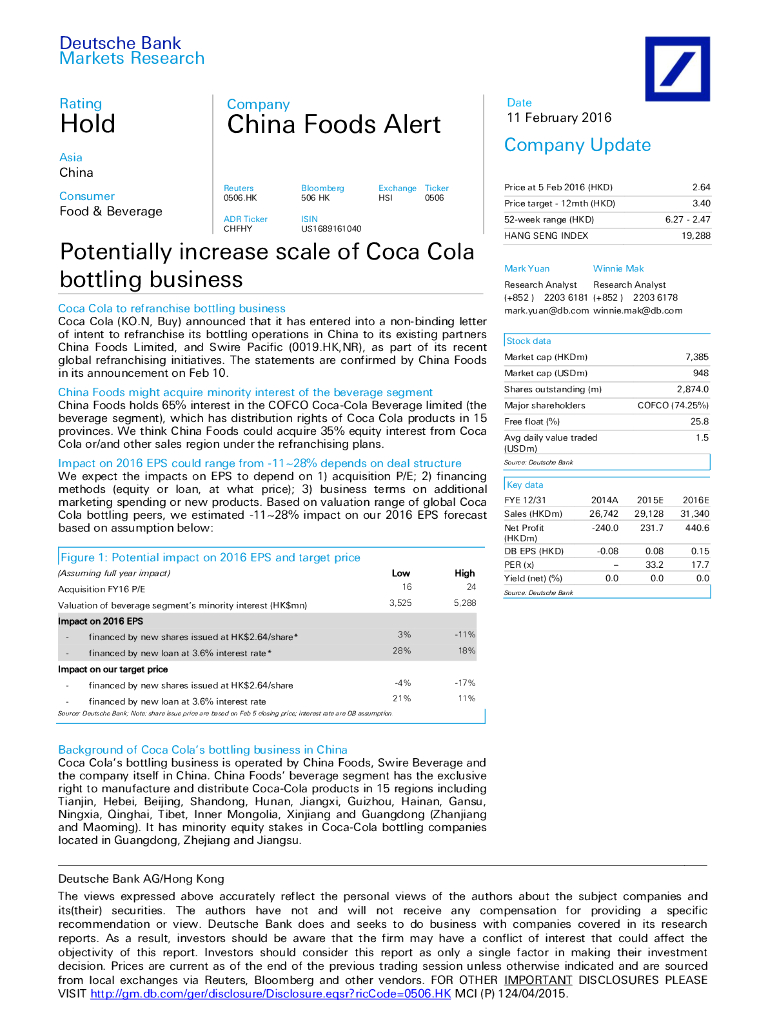德意志银行：中国食品（00506）港股公司研究报告-PotentiallyincreasescaleofCocaColabottlingbusiness