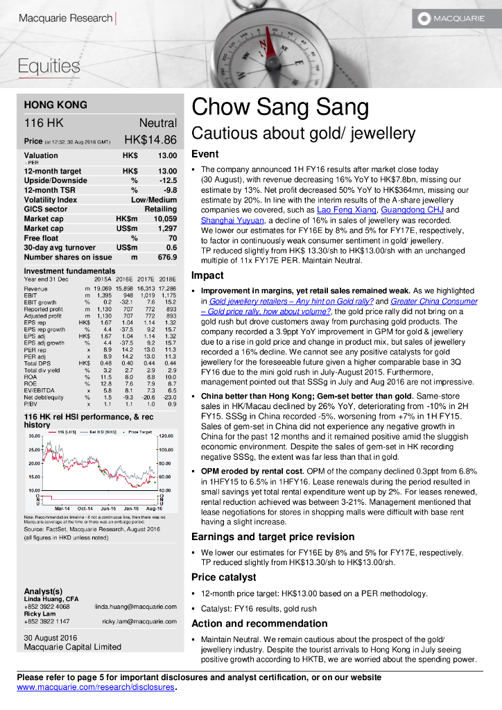 麦格理资本：周生生（00116）港股公司研究报告-Cautiousaboutgold/jewellery