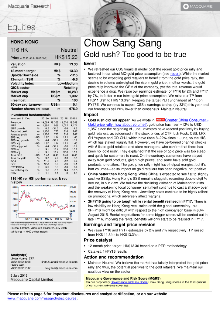 麦格理资本：周生生（00116）港股公司研究报告-Goldrush?Toogoodtobetrue