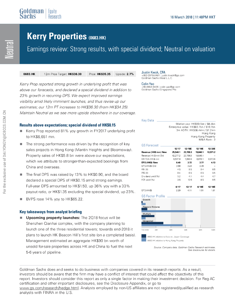 高盛：嘉里建设（00683）港股公司研究报告-Earningsreview:Strongresults,withspecialdividend;Neutralonvaluation