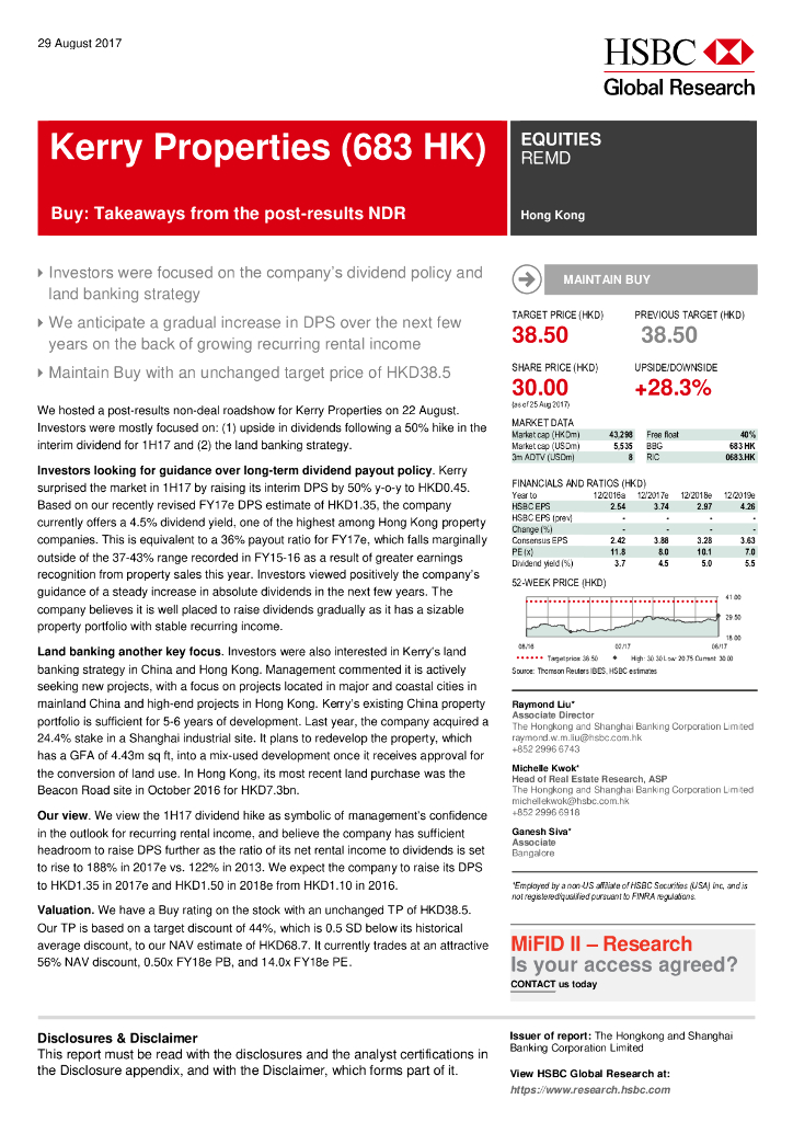 汇丰银行：嘉里建设（00683）港股公司研究报告-Buy:Takeawaysfromthepost-resultsNDR