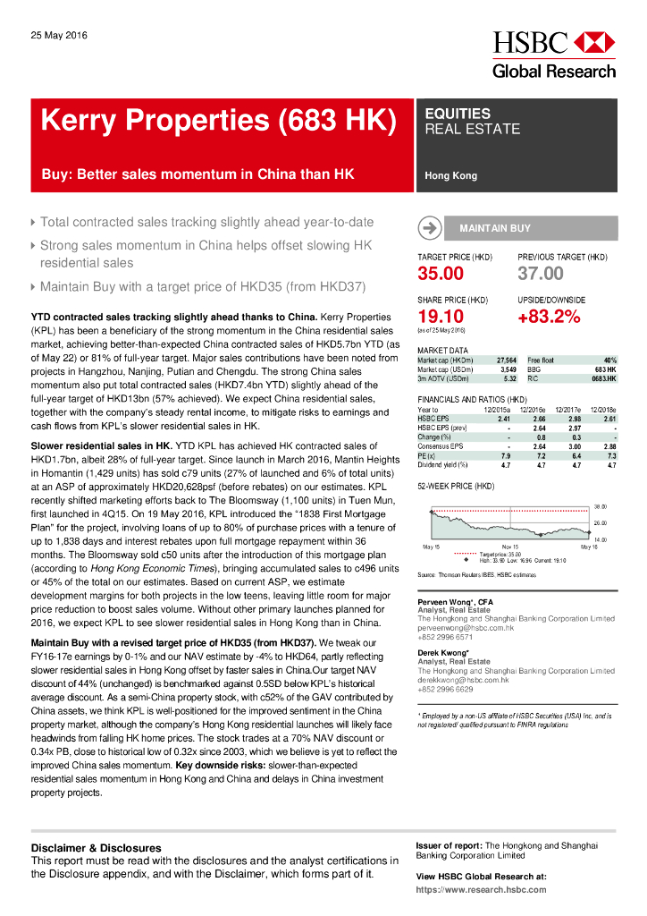 汇丰银行：嘉里建设（00683）港股公司研究报告-Buy:BettersalesmomentuminChinathanHK