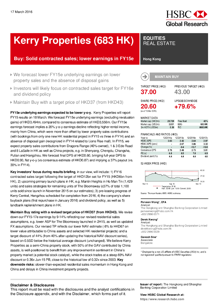 汇丰银行：嘉里建设（00683）港股公司研究报告-Buy:Solidcontractedsales;lowerearningsinFY15e