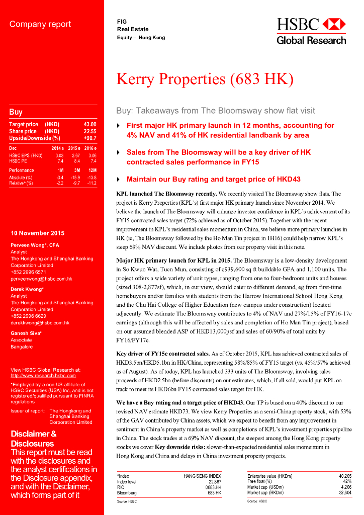 汇丰银行：嘉里建设（00683）港股公司研究报告-Buy:TakeawaysfromTheBloomswayshowflatvisit