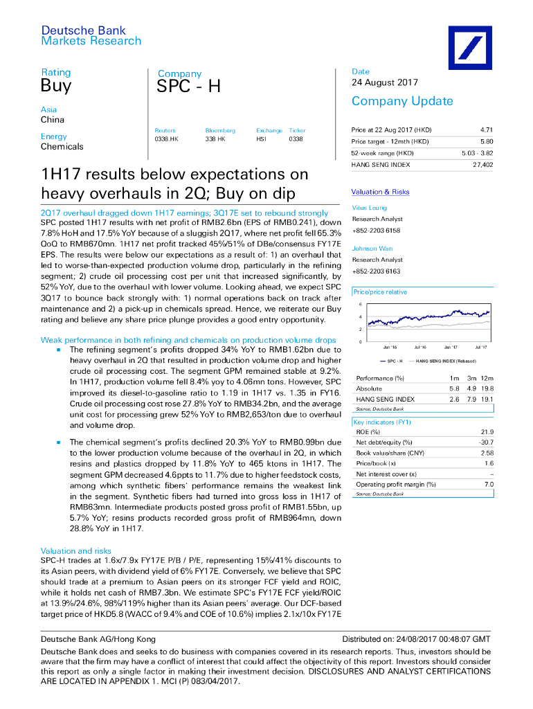 德意志银行：上海石油化工股份（00338）港股公司研究报告-1H17resultsbelowexpectationsonheavyoverhaulsin2Q;Buyondip