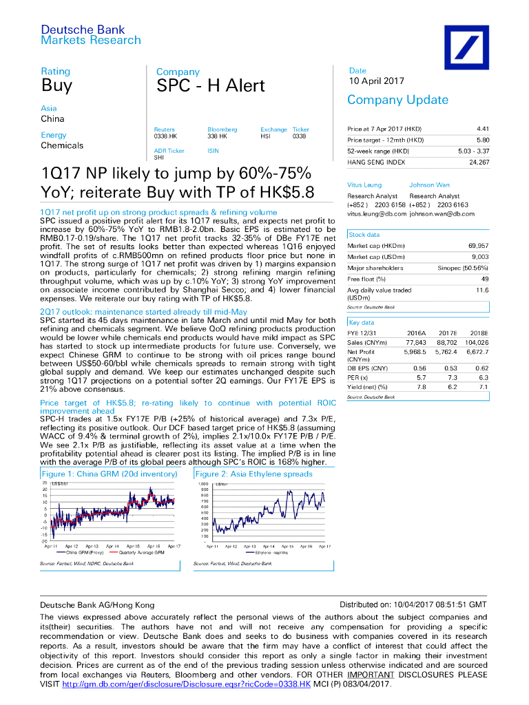 德意志银行：上海石油化工股份（00338）港股公司研究报告-1Q17NPlikelytojumpby60%-75%YoY;reiterateBuywithTPofHK$5.8