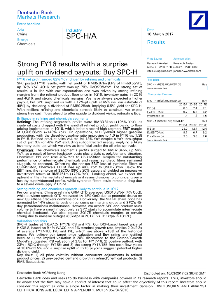 德意志银行：上海石油化工股份（00338）港股公司研究报告-StrongFY16resultswithasurpriseupliftondividendpayouts;BuySPC-H
