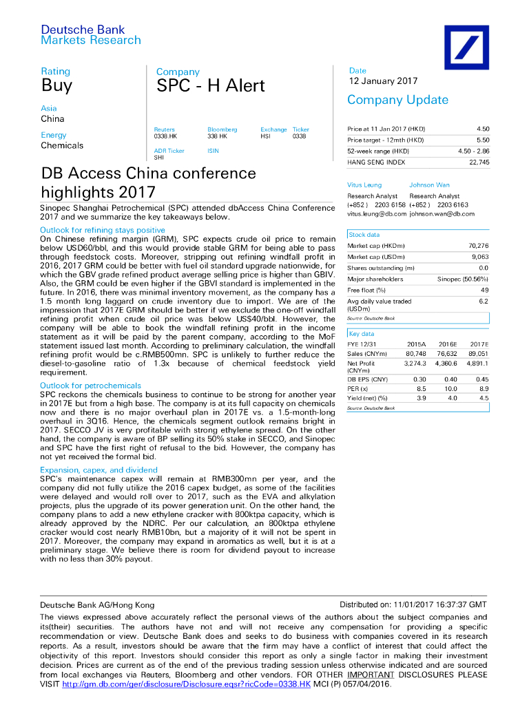 德意志银行：上海石油化工股份（00338）港股公司研究报告-SPC-HAlert:DBAccessChinaconferencehighlights2017