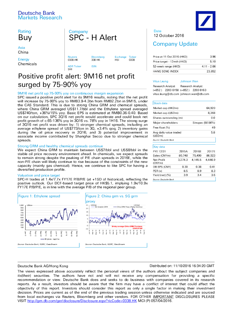 德意志银行：上海石油化工股份（00338）港股公司研究报告-Positiveprofitalert:9M16netprofitsurgedby75-90%yoy