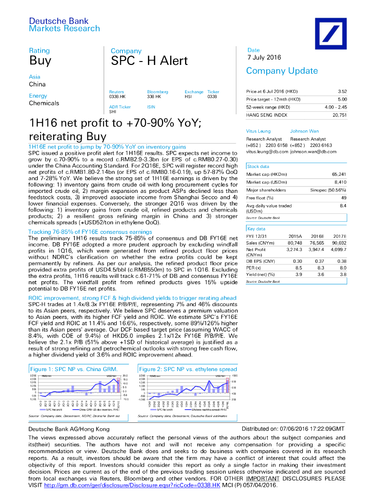 德意志银行：上海石油化工股份（00338）港股公司研究报告-1H16netprofitto+70-90%YoY;reiteratingBuy