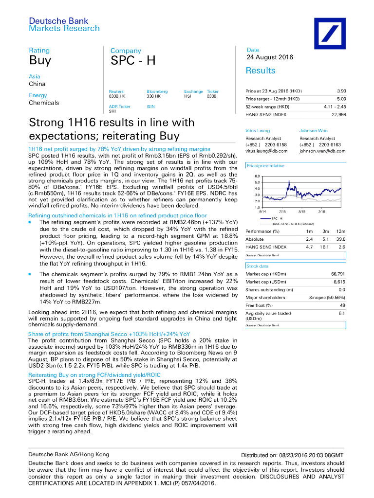 德意志银行：上海石油化工股份（00338）港股公司研究报告-Strong1H16resultsinlinewithexpectations;reiteratingBuy