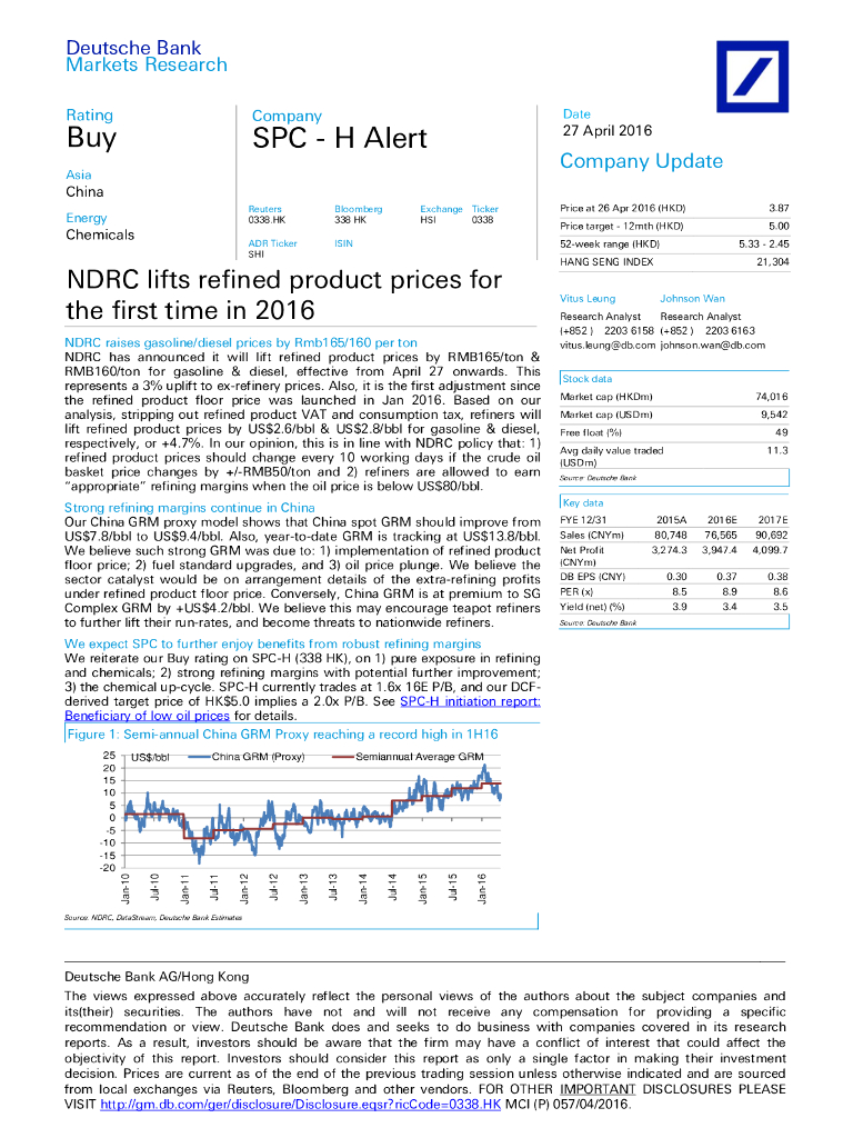 德意志银行：上海石油化工股份（00338）港股公司研究报告-NDRCliftsrefinedproductpricesforNDRCliftsrefinedproductpricesfor