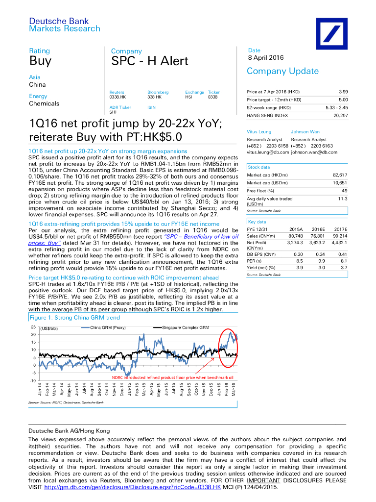 德意志银行：上海石油化工股份（00338）港股公司研究报告-1Q16netprofitjumpby20-22xYoY;reiterateBuywithPT:HK$5.0