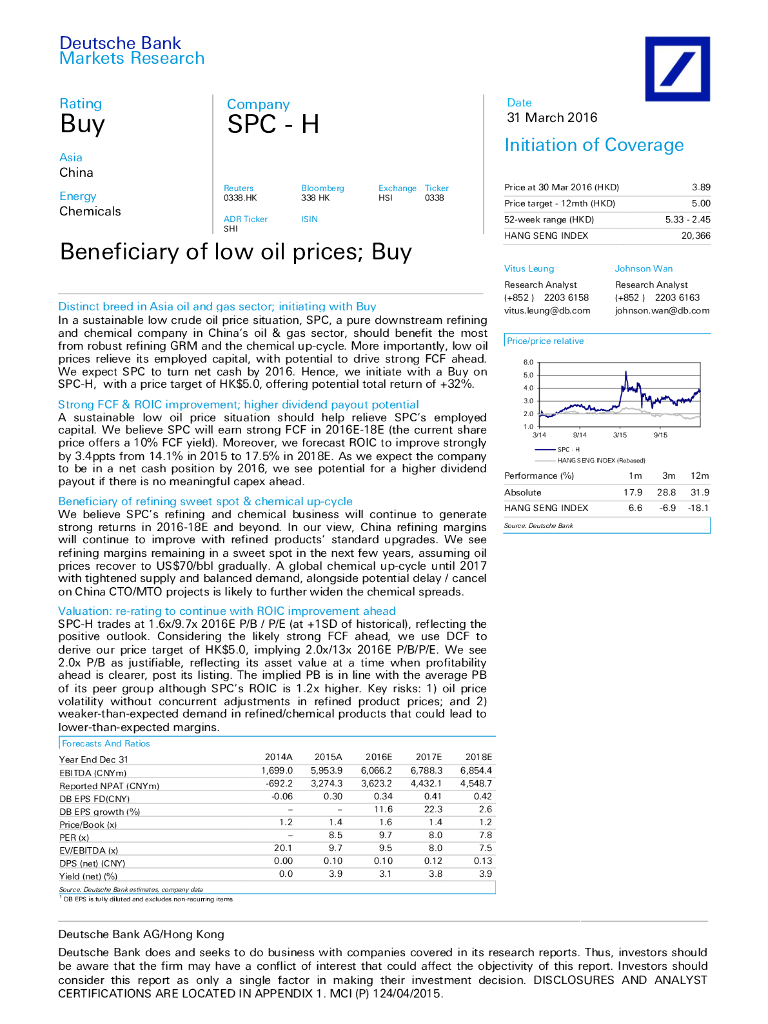 德意志银行：上海石油化工股份（00338）港股公司研究报告-Beneficiaryoflowoilprices;Buy