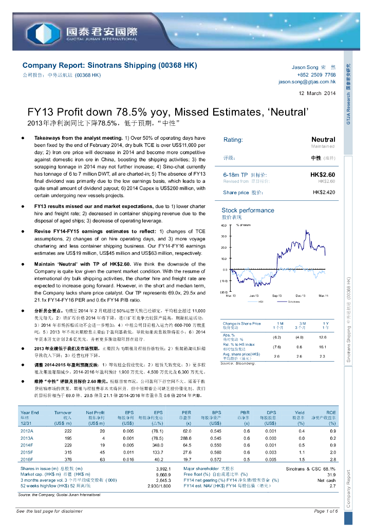 国泰君安证券(香港)：德合集团（00368）港股公司研究报告-2013年净利润同比下降78.5%，低于预期，“中性”