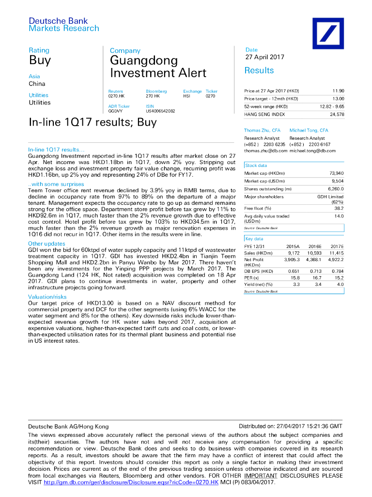 德意志银行：粤海投资（00270）港股公司研究报告-In-line1Q17results;Buy