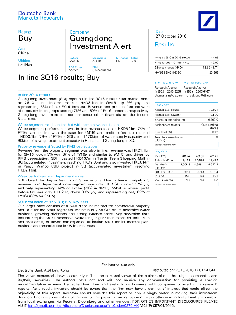 德意志银行：粤海投资（00270）港股公司研究报告-In-line3Q16results;Buy