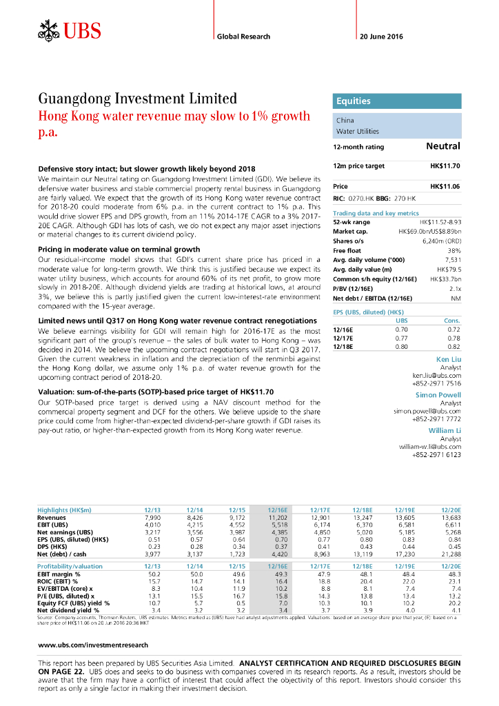 瑞银证券：粤海投资（00270）港股公司研究报告-HongKongwaterrevenuemayslowto1%growthp.a.