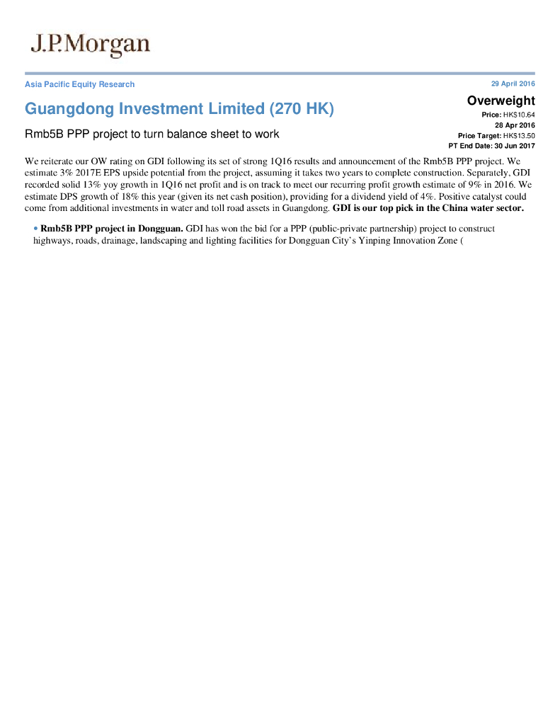 JP摩根资产管理公司亚洲：粤海投资（00270）港股公司研究报告-Rmb5BPPPprojecttoturnbalancesheettowork