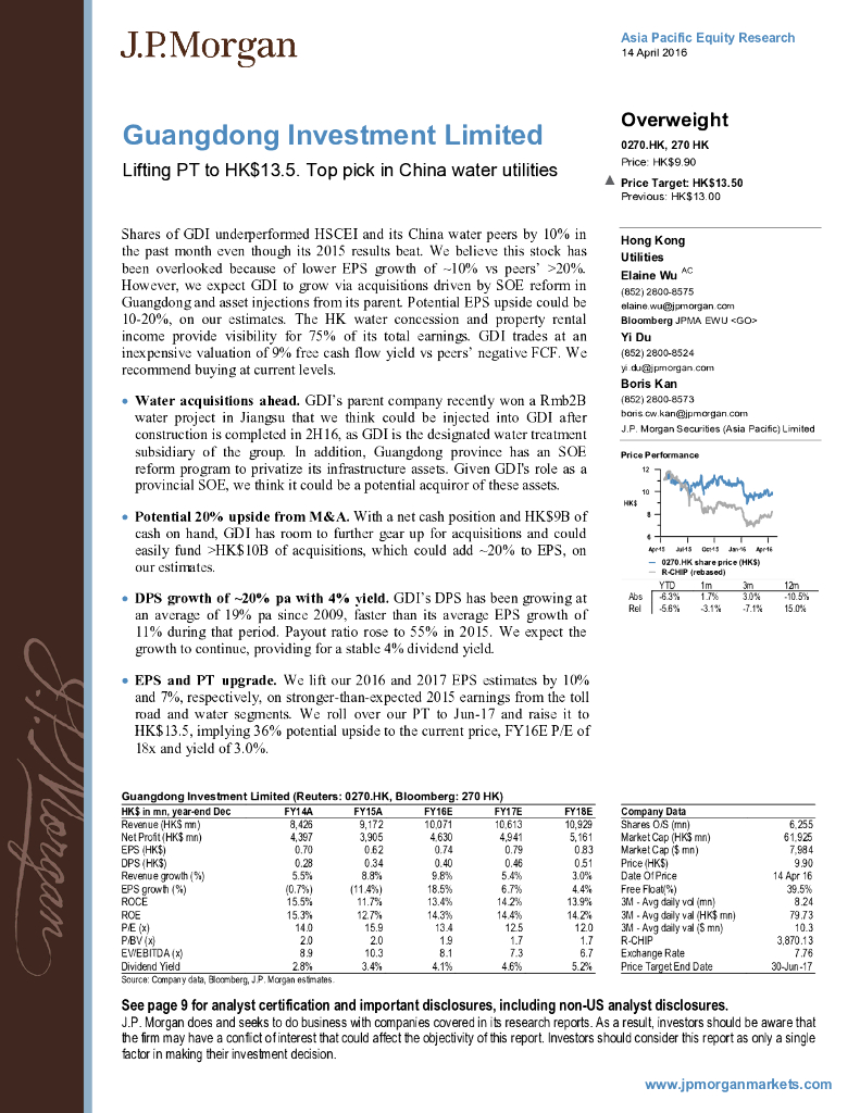 JP摩根资产管理公司亚洲：粤海投资（00270）港股公司研究报告-LiftingPTtoHK$13.5.ToppickinChinawaterutilities