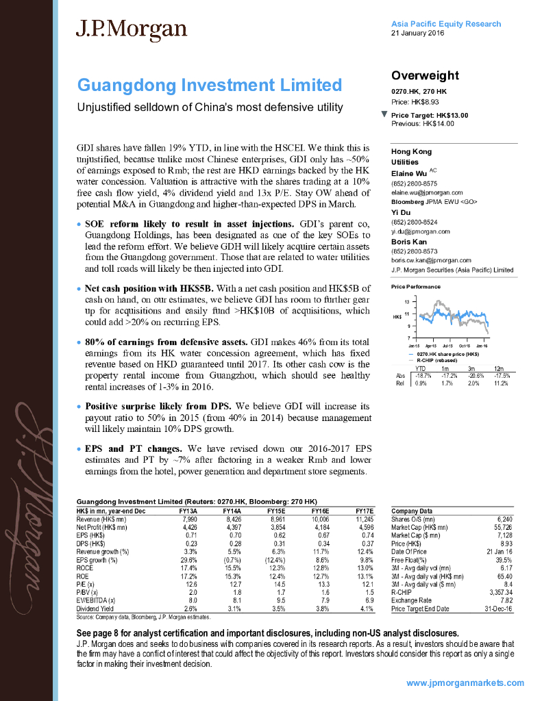 JP摩根资产管理公司亚洲：粤海投资（00270）港股公司研究报告-UnjustifiedselldownofChina'smostdefensiveutility