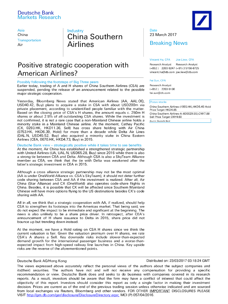 德意志银行：中国南方航空股份（01055）港股公司研究报告-PositivestrategiccooperationwithAmericanAirlines?