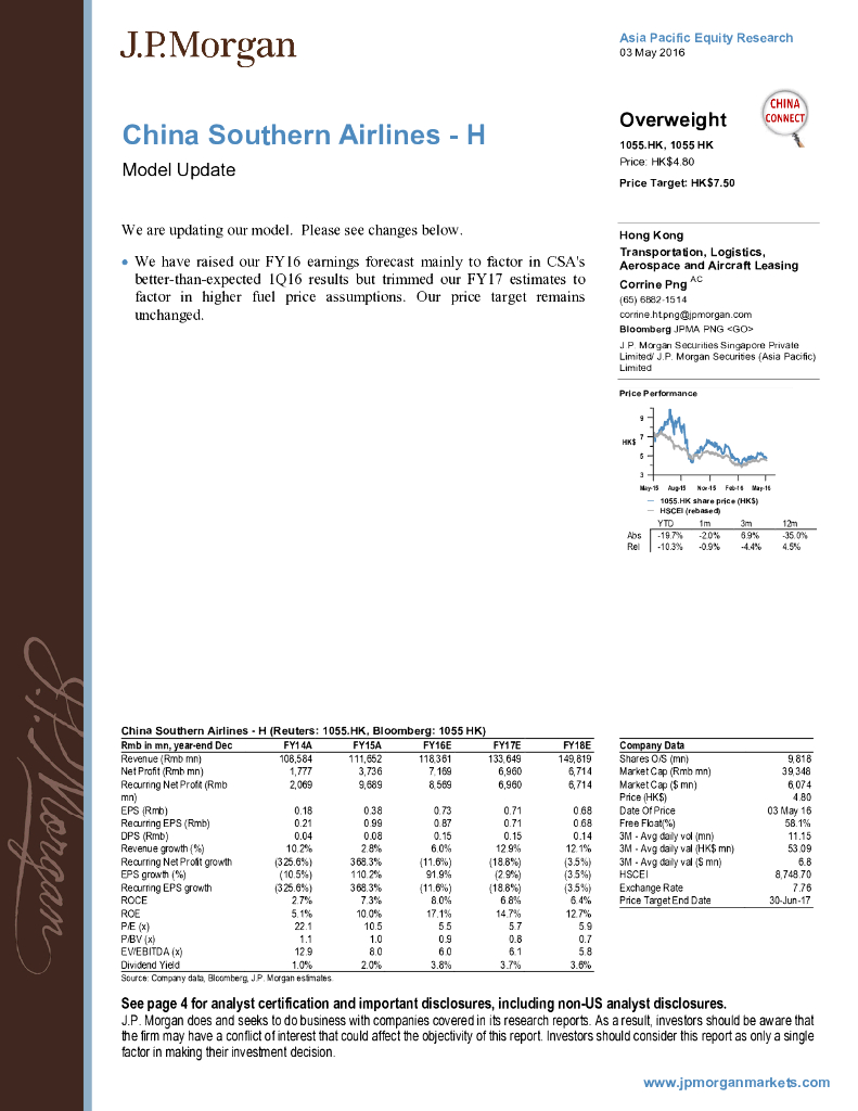 JP摩根资产管理公司亚洲：中国南方航空股份（01055）港股公司研究报告-ModelUpdate