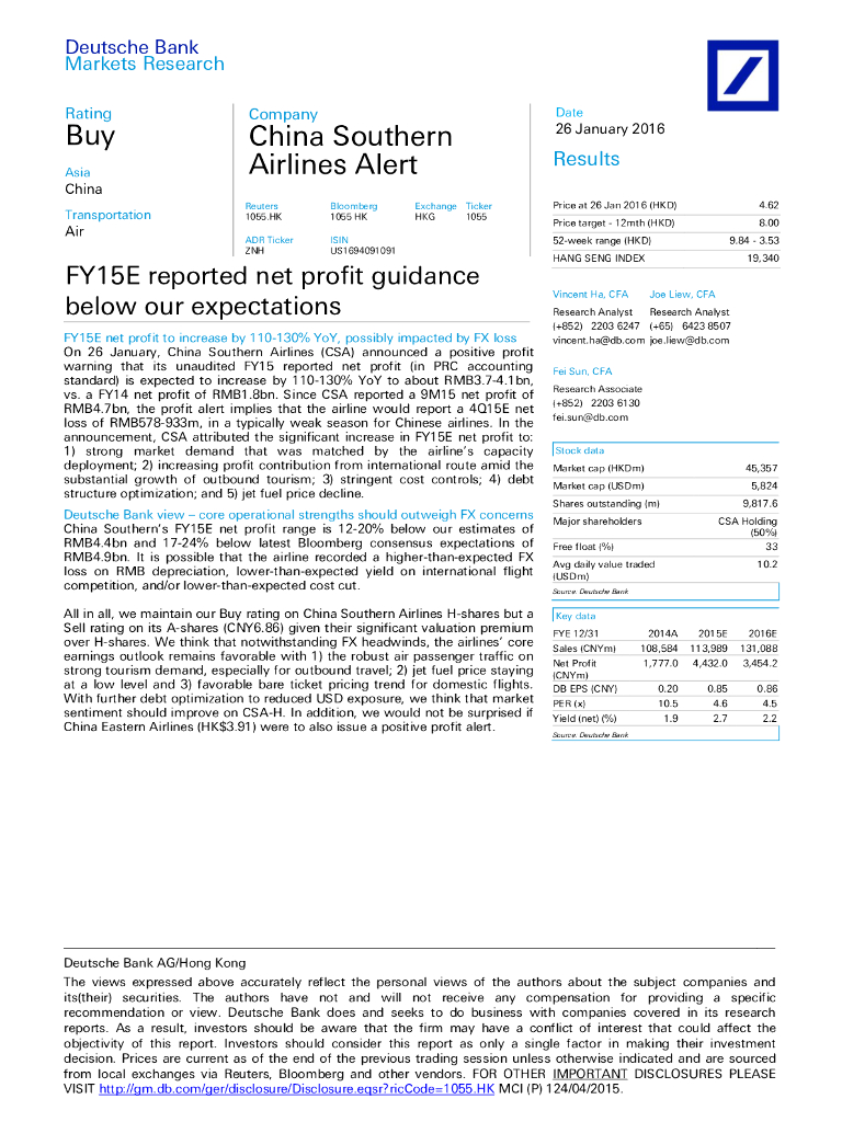 德意志银行：中国南方航空股份（01055）港股公司研究报告-FY15Ereportednetprofitguidancebelowourexpectations