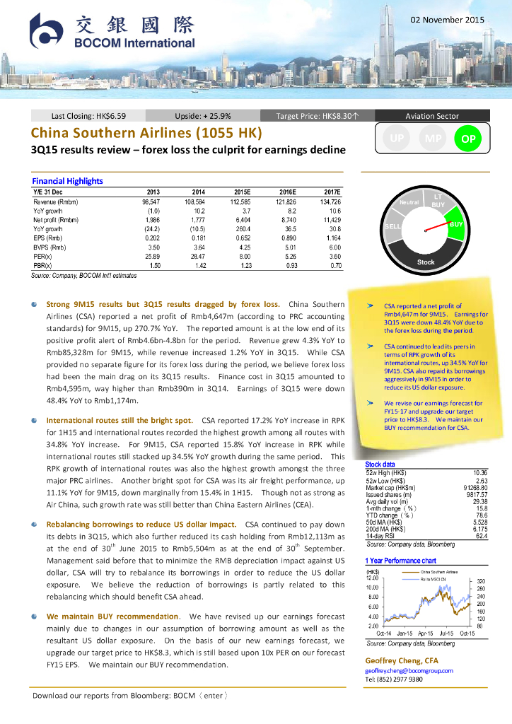 交银国际证券：中国南方航空股份（01055）港股公司研究报告-3Q15resultsreview–forexlosstheculpritforearningsdecline